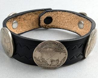 Engraved Leather Domed Button Buffalo Nickel Bracelet, 5 Nickels, 8.5"