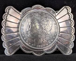 Sterling Silver Domed 1880 Morgan Silver Dollar Belt Buckle, 925 Silver, Marked "Buffalo Dancer"