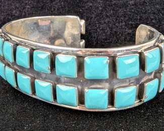 Sterling Silver And Turquoise Bangle Bracelet, 925 Silver, 3"