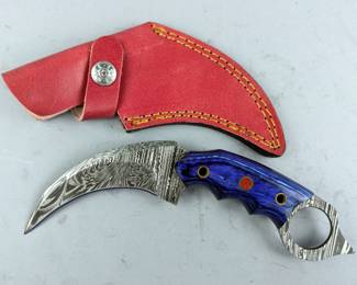 Damascus Steel Fixed Blade Karambit Knife With Blue Pakkawood Handle, Includes Leather Sheath, 7.5"