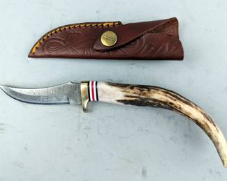 Damascus Steel Fixed Blade Knife With Bone Handle, Includes Leather Sheath, 8.5"