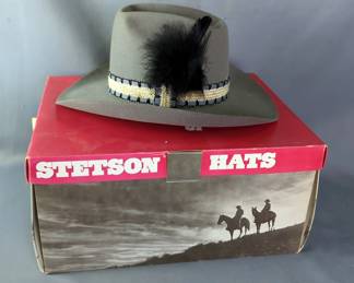 Stetson Cowboy Hat with Feather and Box, Size 7 1/8