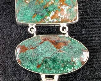 Sterling Silver, Chrysocolla Cabochon, And Peridot And Garnet Gemstone Pendant In Floating Display Case, 925 Silver
