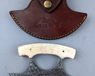 Damascus Steel Ulu Knife With Bone Handle, Includes Leather Sheath, 5.5"