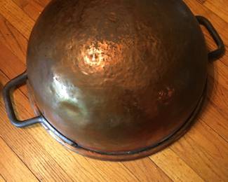 Large 25” long enclosing  handles  Hammered Copper bowl rounded bottom 