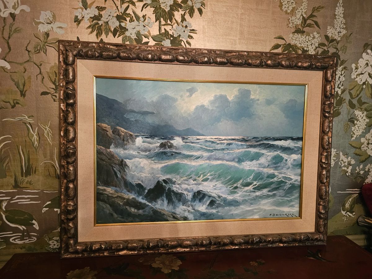 oil painting by listed known artist Alexander Dzigurski titled "Restless Sea California Coast" - 24x36