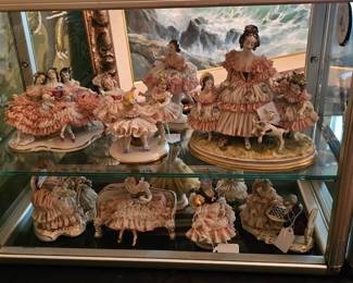 antique German Dresden porcelain figurines - markers include Volkstedt, Sitzendorf, Scheibealsbach, Ackermann & Fritze, Meissen and others
