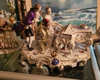 antique German Dresden porcelain figurines - markers include Volkstedt, Sitzendorf, Scheibealsbach, Ackermann & Fritze, Meissen and others