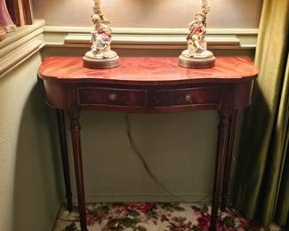 Pair of vintage porcelain Giuseppe Cappè lamps
Each measure approx 18 3/4" tall, pair of antique mahogany console tables
