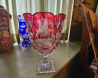 Large Ruby Cut to Clear Bohemian crystal vase