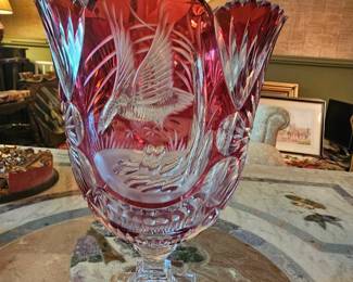 Large Ruby Cut to Clear Bohemian crystal vase