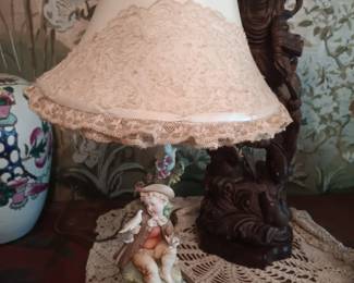 Pair of vintage porcelain Giuseppe Cappè lamps
Each measure approx 18 3/4" tall, pair of antique mahogany console tables