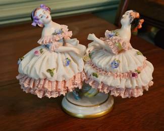 antique German Dresden porcelain figurines - markers include Volkstedt, Sitzendorf, Scheibealsbach, Ackermann & Fritze, Meissen and others