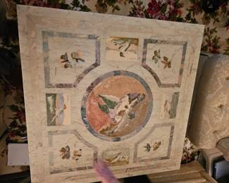 rare Italian Scagliola inlaid Marble specimen coffee table geometric shapes with Butterflies and Birds - 39x39