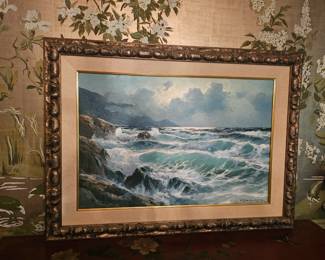 oil painting by listed known artist Alexander Dzigurski titled "Restless Sea California Coast" - 24x36