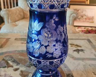 Large Cobalt Blue Cut to Clear Bohemian crystal vase - Meissen