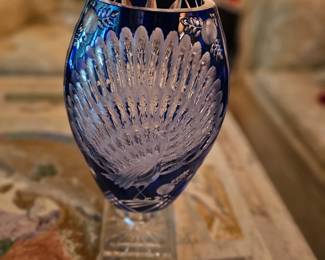 Large Cobalt cut to clear Bohemian crystal Peacock vase