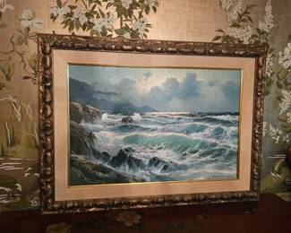 oil painting by listed known artist Alexander Dzigurski titled "Restless Sea California Coast" - 24x36