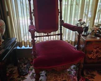 Pair of antique Victorian red velvet arm chairs