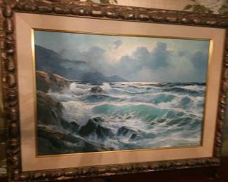 oil painting by listed known artist Alexander Dzigurski titled "Restless Sea California Coast" - 24x36
