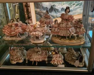 antique German Dresden porcelain figurines - markers include Volkstedt, Sitzendorf, Scheibealsbach, Ackermann & Fritze, Meissen and others