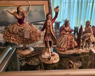 antique German Dresden porcelain figurines - markers include Volkstedt, Sitzendorf, Scheibealsbach, Ackermann & Fritze, Meissen and others