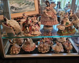 antique German Dresden porcelain figurines - markers include Volkstedt, Sitzendorf, Scheibealsbach, Ackermann & Fritze, Meissen and others