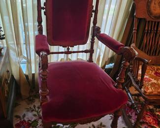 Pair of antique Victorian red velvet arm chairs