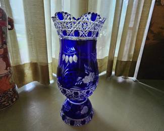 Large Cobalt Blue Cut to Clear Bohemian crystal vase - Meissen