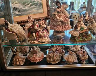 antique German Dresden porcelain figurines - markers include Volkstedt, Sitzendorf, Scheibealsbach, Ackermann & Fritze, Meissen and others