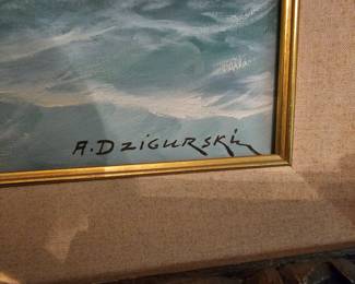 oil painting by listed known artist Alexander Dzigurski titled "Restless Sea California Coast" - 24x36
