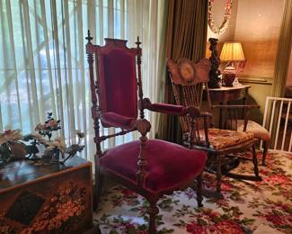 Pair of antique Victorian red velvet arm chairs