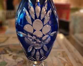 Large Cobalt cut to clear Bohemian crystal Peacock vase