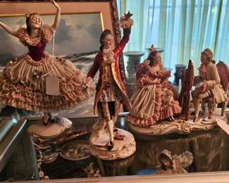 antique German Dresden porcelain figurines - markers include Volkstedt, Sitzendorf, Scheibealsbach, Ackermann & Fritze, Meissen and others