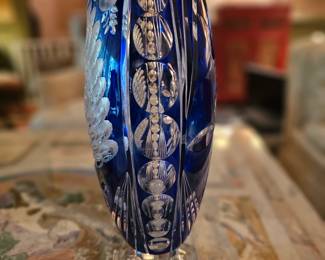 Large Cobalt cut to clear Bohemian crystal Peacock vase