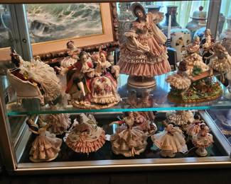 antique German Dresden porcelain figurines - markers include Volkstedt, Sitzendorf, Scheibealsbach, Ackermann & Fritze, Meissen and others