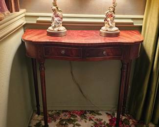 Pair of vintage porcelain Giuseppe Cappè lamps
Each measure approx 18 3/4" tall, pair of antique mahogany console tables