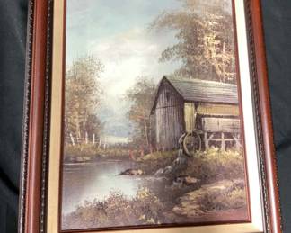 J. Medina Vintage Country Farm Watermill Framed Oil Painting