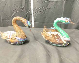 Pair of Antique Chinese Silver Enamel Swan Boxes