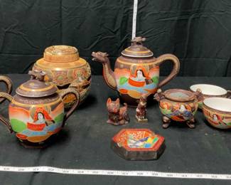 Satsuma Moriage Brown Dragon Porcelain Tea Set