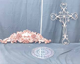 Metal Cross, Glass North Rose Window, Decorative Wood Carved Wall Decor