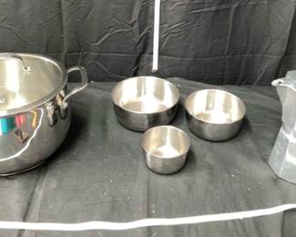6 Piece Collection of Stainless Steel Pan, Mixing Bowls Bialetti Coffee Maker