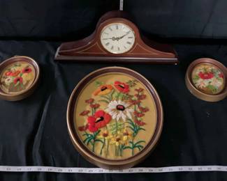 The Bombay Company Mantle Clock 3 Framed Embroidered Pictures