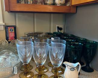 Mid century heavy hand goblets blown clear glass with amber stems