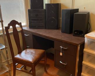 Vintage desk-54x24x30, Polk Audio Subwoofer & speaker pair & Vintage Pioneer stereo system with dual tower speakers