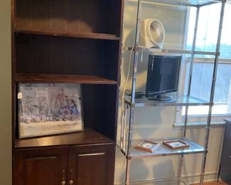 Dark brown cabinet-30x15x76. Silver shelf-30x14x74