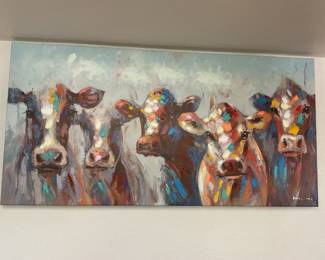 Colorful Cow canvas art -56"x28"- Bold and whimsical, this large canvas features a vibrant lineup of expressive cows