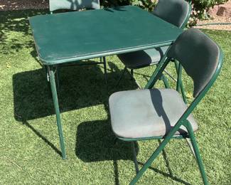 Green card table and 3 folding chairs