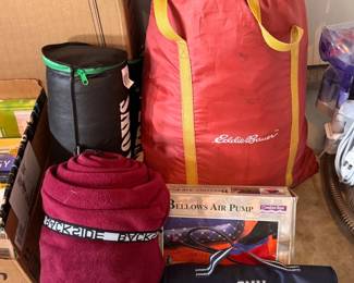 Eddie Bauer inflatable bed, air pump, stadium blankets
