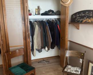 sewing chair retro style, wall art, mens baseball caps and a couple wool hats